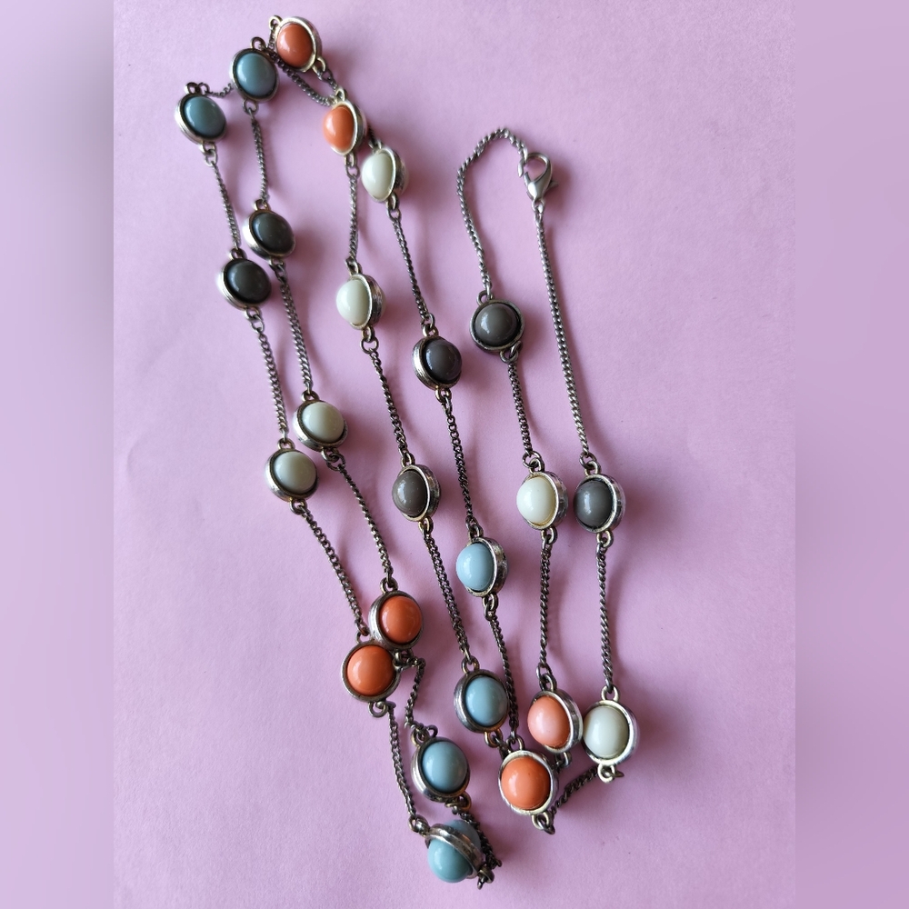 Silver-toned chain necklace with multi colored round beads